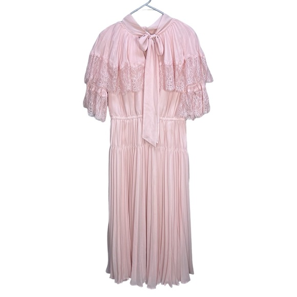Pink Self-Portrait Lace-trimmed Pleated Chiffon Maxi Dress UK 14/US 10 - Picture 3 of 14
